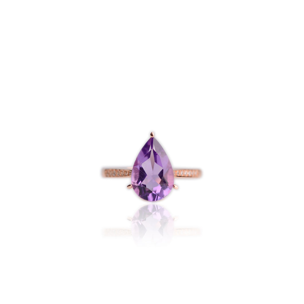 8 x 12 mm. Pear Cut Purple Brazilian Amethyst with Cz Band Ring