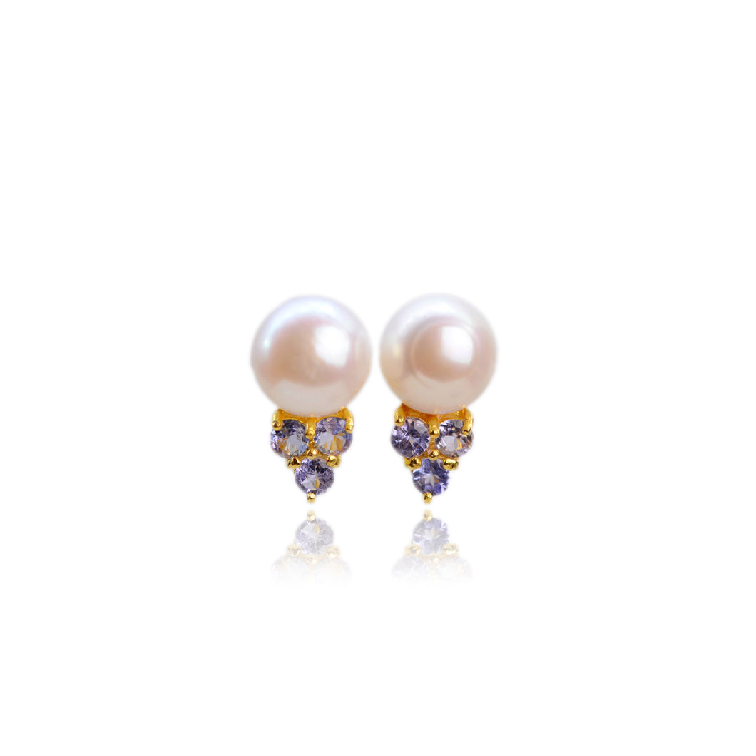 12 mm. Freshwater Pearl and Tanzanite Cluster Earrings