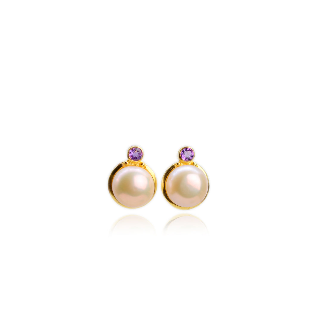 12 mm. Freshwater Pearl with Amethyst Accents Earrings