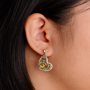 4 mm. Round Cut Green Pakistani Peridot and Sapphire with Cz Accents Heart Drop Earrings