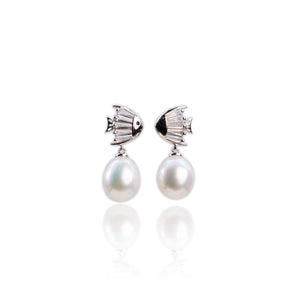 9 x 11 mm. Freshwater Pearl with Cz Accents Fish Drop Earrings