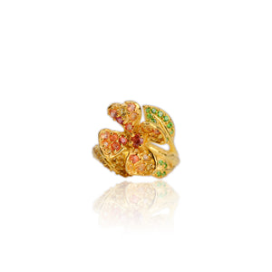 3 mm. Round Cut Multi-coloured Songea Sapphire and Tsavorite Garnet Flower Ring