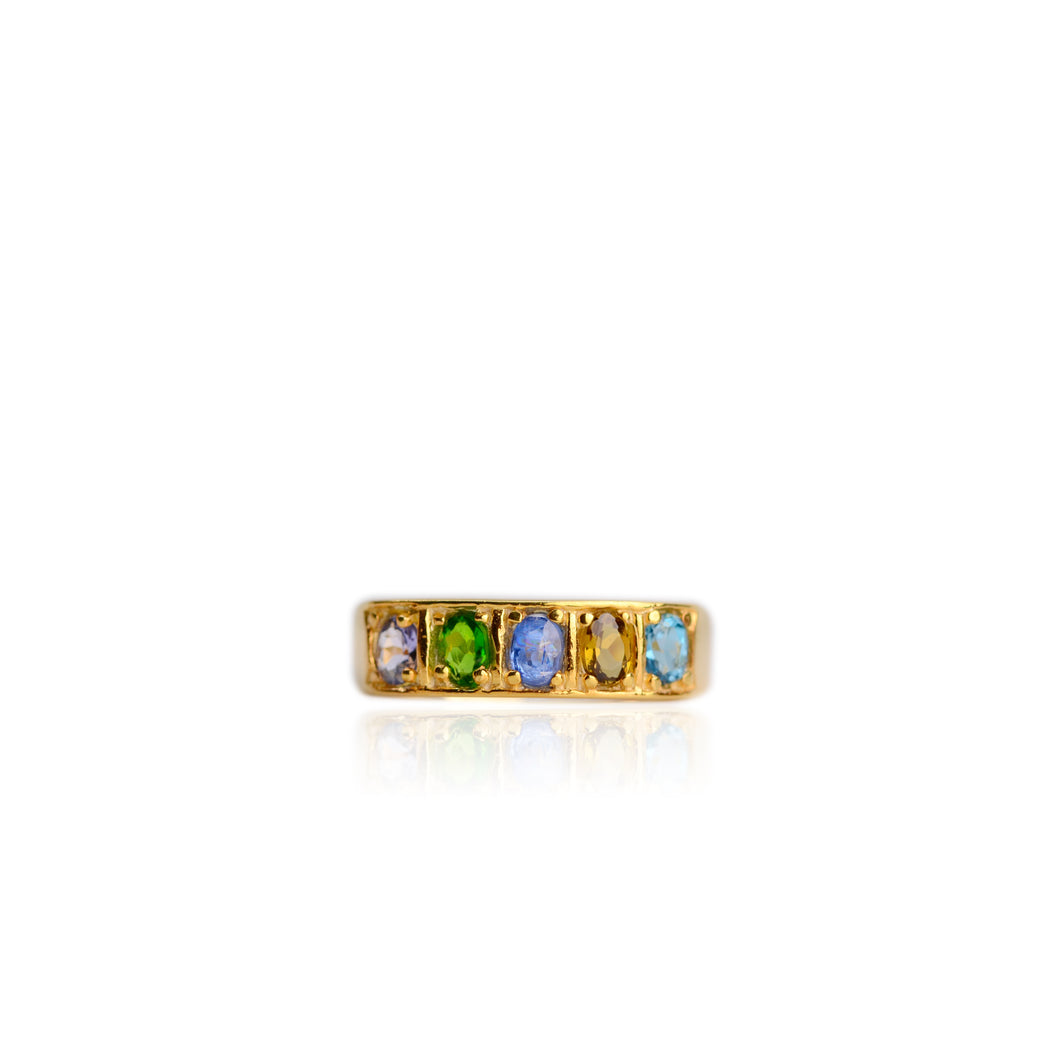 3 x 4 mm. Oval Cut Tanzanite, Kyanite, Topaz, Tourmaline and Chrome Diopside Cluster Ring (Blemished)