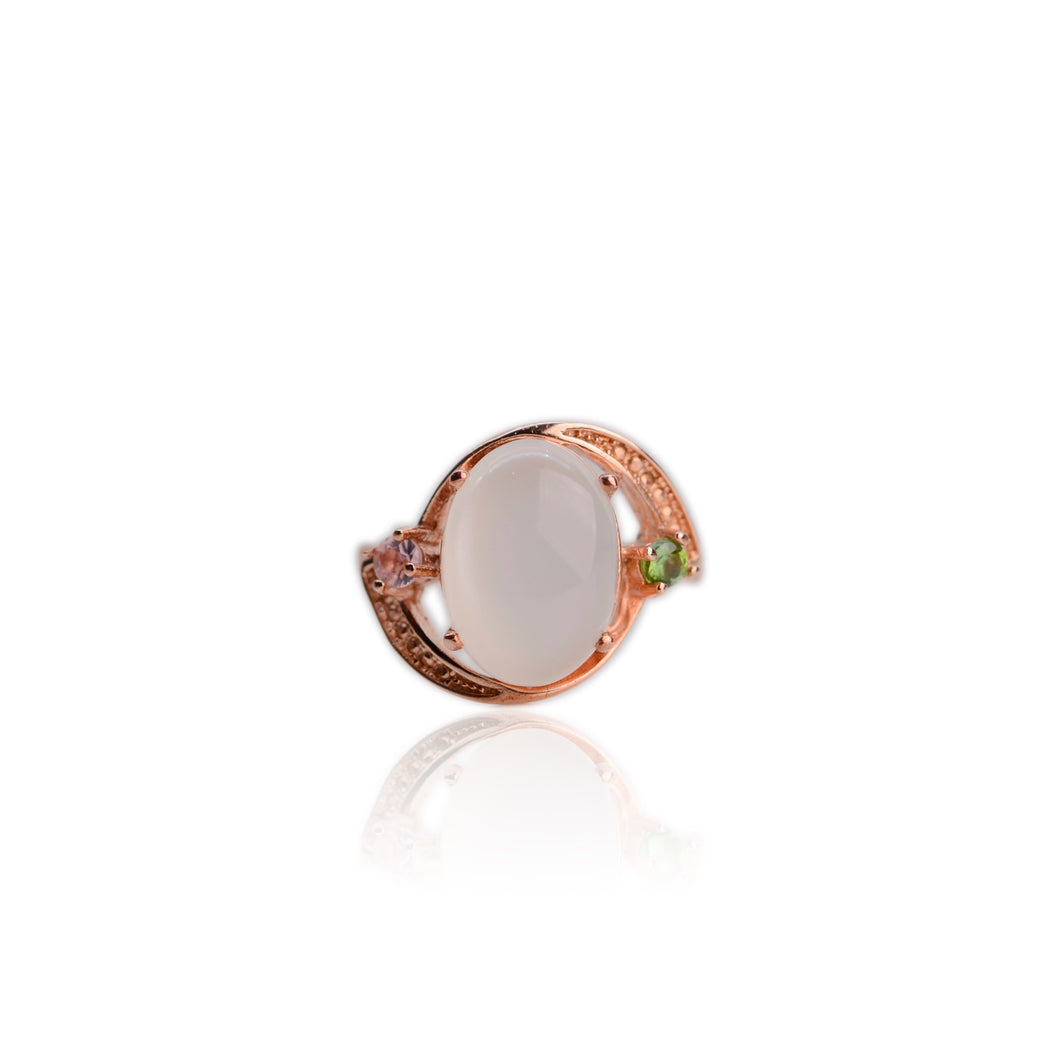 10 x 14 mm. Oval Cabochon White Indian Moonstone with Tourmaline and Topaz Accents Ring