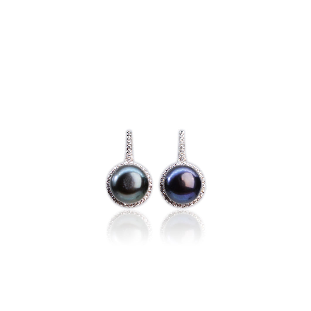 10.5 mm. Black Freshwater Pearl with Cz Halo Earrings
