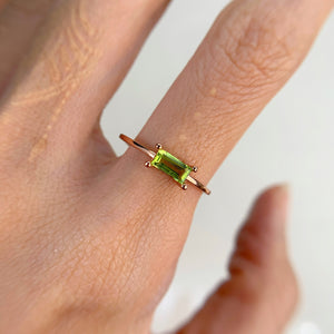 3 x 6 mm. Baguette Cut Green Pakistani Peridot Ring