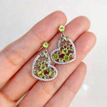 Load image into Gallery viewer, 4 mm. Round Cut Green Pakistani Peridot and Sapphire with Cz Accents Heart Drop Earrings
