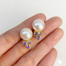 Load image into Gallery viewer, 12 mm. Freshwater Pearl and Tanzanite Cluster Earrings
