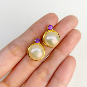 12 mm. Freshwater Pearl with Amethyst Accents Earrings