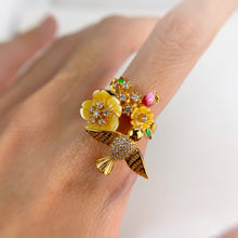 Load image into Gallery viewer, 12 mm. Carved Flower Yellow Mother of Pearl with Cz Accents Bird Ring
