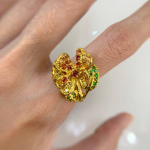Load image into Gallery viewer, 3 mm. Round Cut Multi-coloured Songea Sapphire and Tsavorite Garnet Flower Ring
