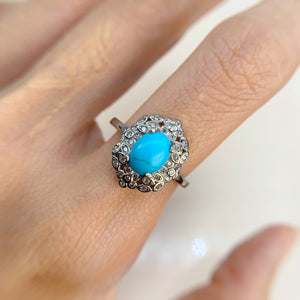 6 x 8 mm. Oval Cabochon Blue American Turquoise with Cz Accents Ring
