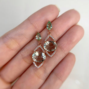 8 x 10 mm. Oval Cut Green Brazilian Amethyst and Tourmaline with Cz Accents Drop Earrings (Blemished)
