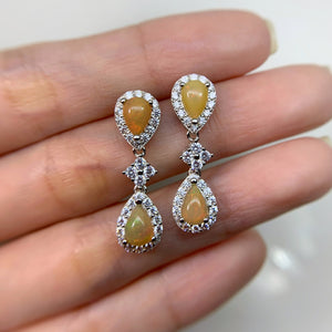 5 x 7 mm. Pear Cabochon Multi-coloured Ethiopian Opal with Cz Halo Drop Earrings