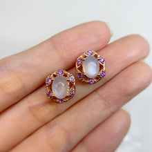 Load image into Gallery viewer, 6 x 8 mm. Oval Cabochon White Indian Moonstone with Amethyst Accents Earrings
