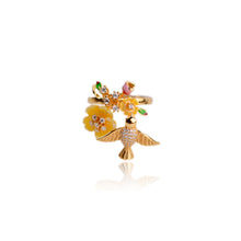 Load image into Gallery viewer, 12 mm. Carved Flower Yellow Mother of Pearl with Cz Accents Bird Ring

