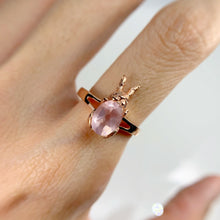 Load image into Gallery viewer, 6 x 8 mm. Oval Cut Pink African Rose Quartz Bunny Ring
